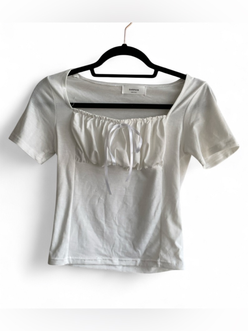 Darphin 🇰🇷 K-Fashion White Coquette Milkmaid Satin Ribbon Ruch Bust Crop Tie Top